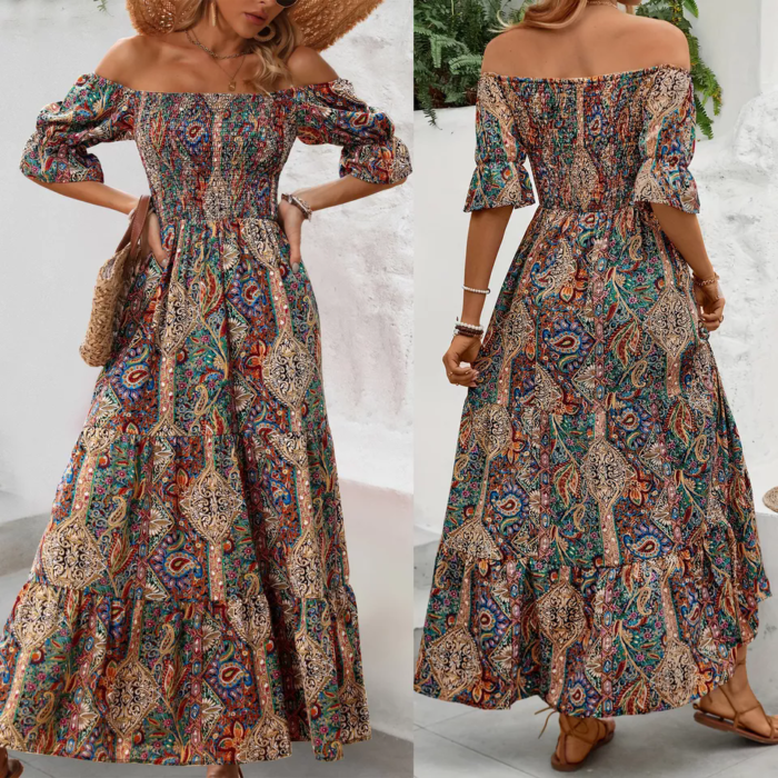 Womens Boho V Neck Long Sleeve Casual Maxi Dress Ladies Party Holiday