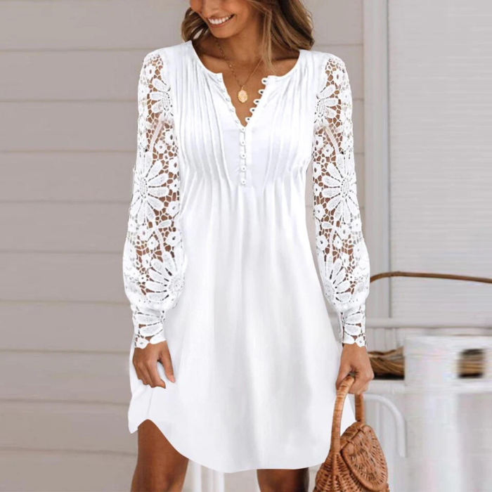 Women Lace Floral Mini Dress Ladies Button V Neck Long Sleeve Swing Shirt Dress