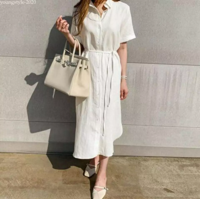 Lady Summer Casual Button-Down Shirt Dress Cotton Linen Long Tunic Beach Kaftan